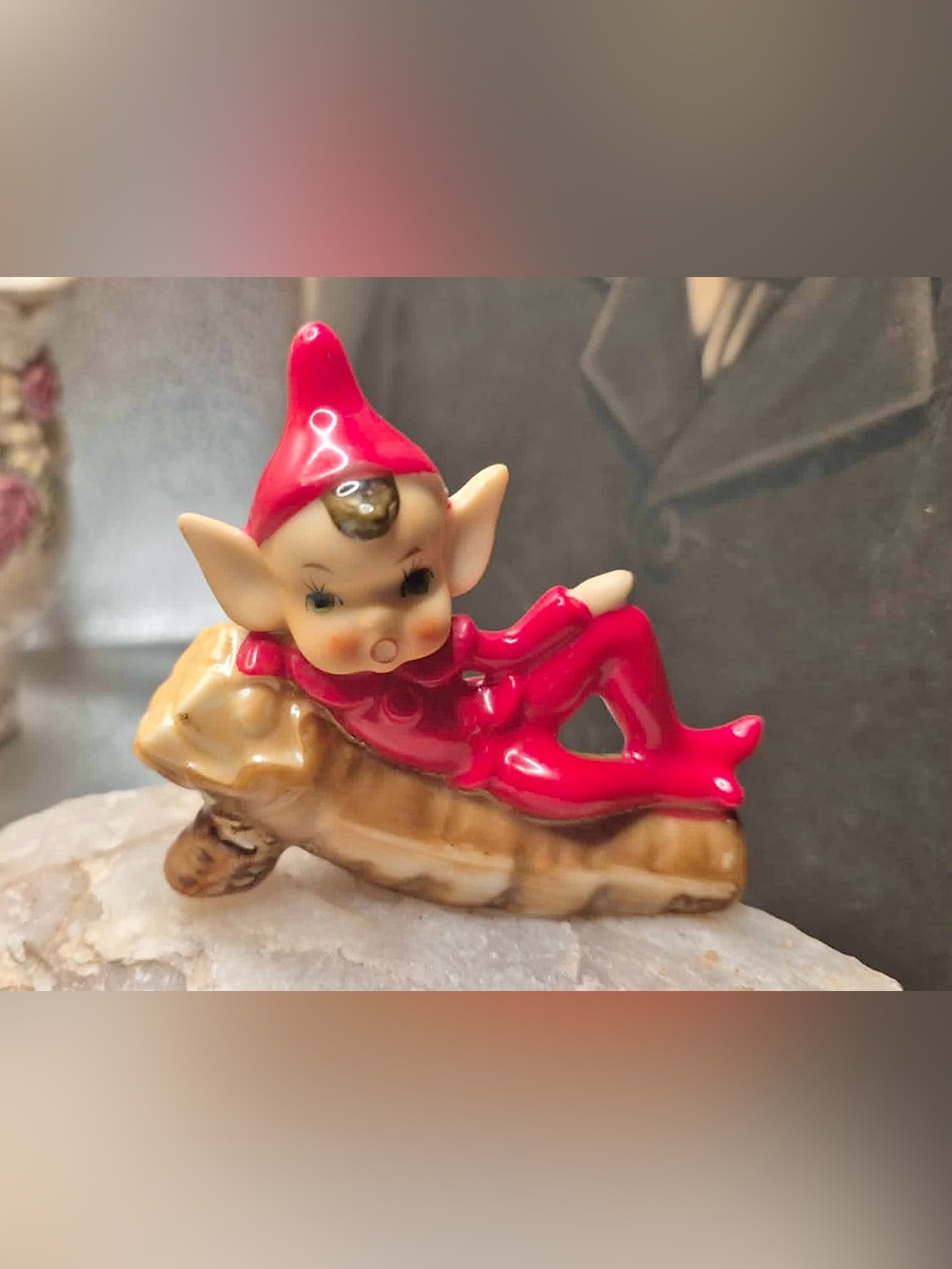 RARE Vintage MCM Pixie Miniature - Small Elf Red Suit Laying on Log JAPAN